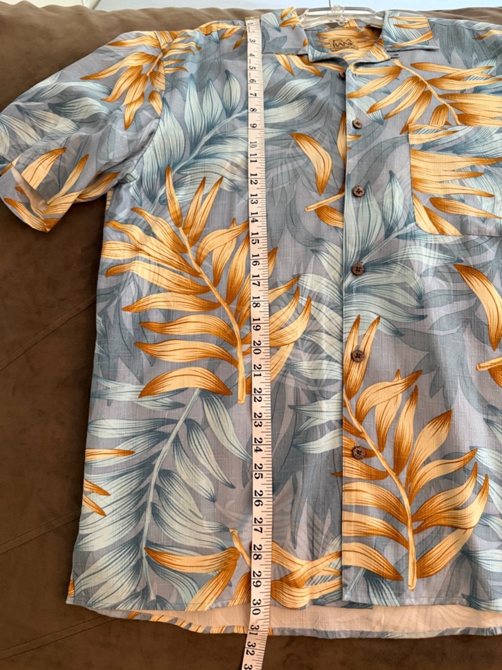 Jos. A. Bank 100% silk Shirt - Gray & Yellow Leaf Print Tropic breathable cool - Picture 6 of 7